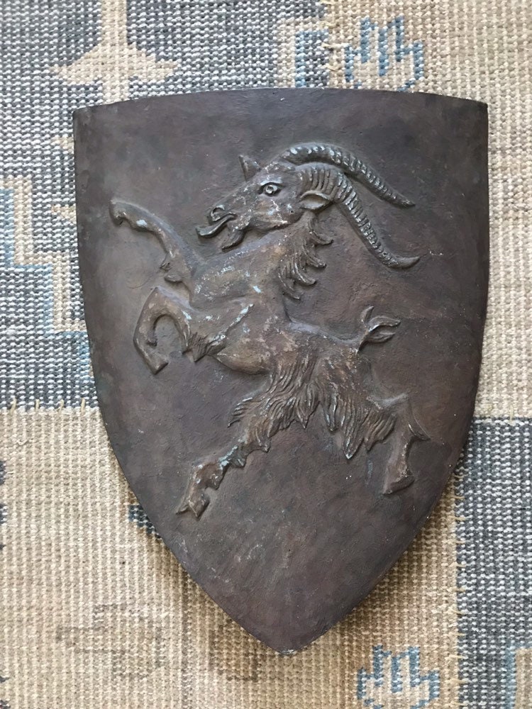 Vintage Architectural Coat Of Arms Element Mid Century Cartouche Goat Ram Garden Fragment