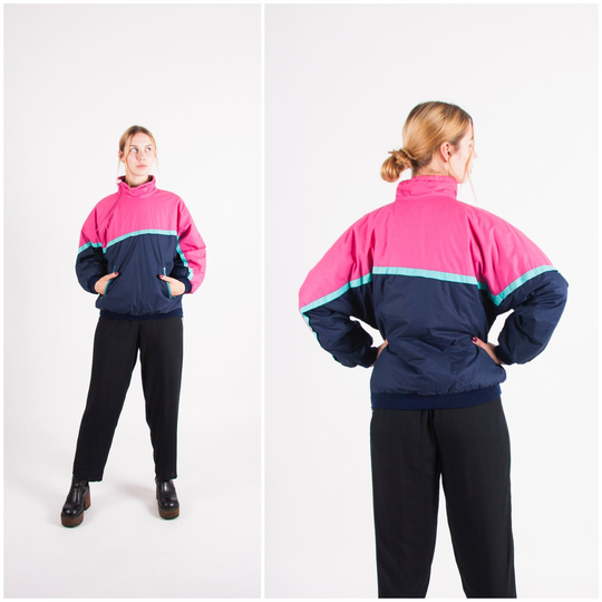 Vintage Ski Jacket Women's Xs S 80S Neon Windbreaker Colorblock Women Size Small Dark Blue Pink Snow 90S Snowboard