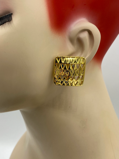 Vintage Gold Plated Reticulated Chevron Square Clip Earrings Art Deco Star Trekkie Uu13