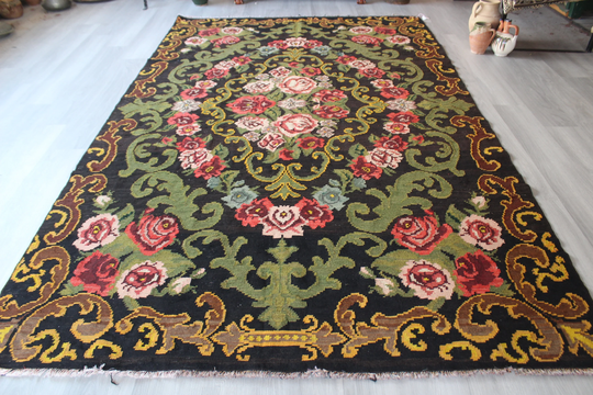 Vintage Floral Kilim, Karabagh Kilim Rug, Bohemian Rug, Ethnic Rose Design/N-693 6'7"x10'8" Feet