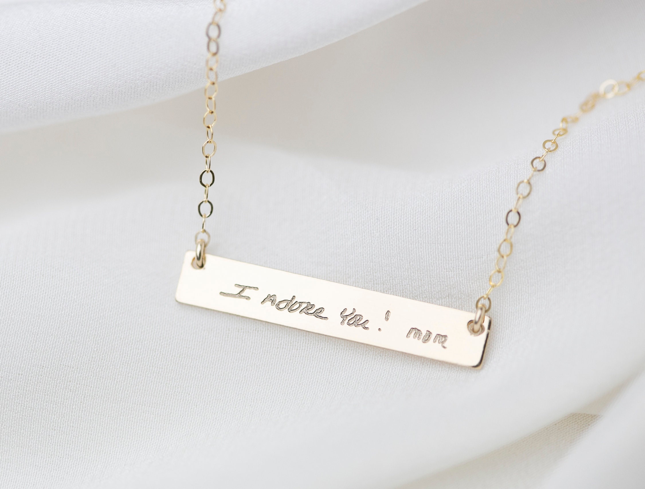 Gold Handwriting Bar Necklace // Personalized Signature Jewelry Keepsake Actual Mother's Day Gifts