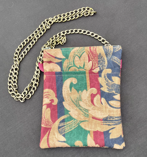 Cross-Body Lined Purse/Handbag Wine Gold Navy & Green Striped W Bronze Chain Inner & Outer Pockets 6x9 Inch Free Shipping To U.s