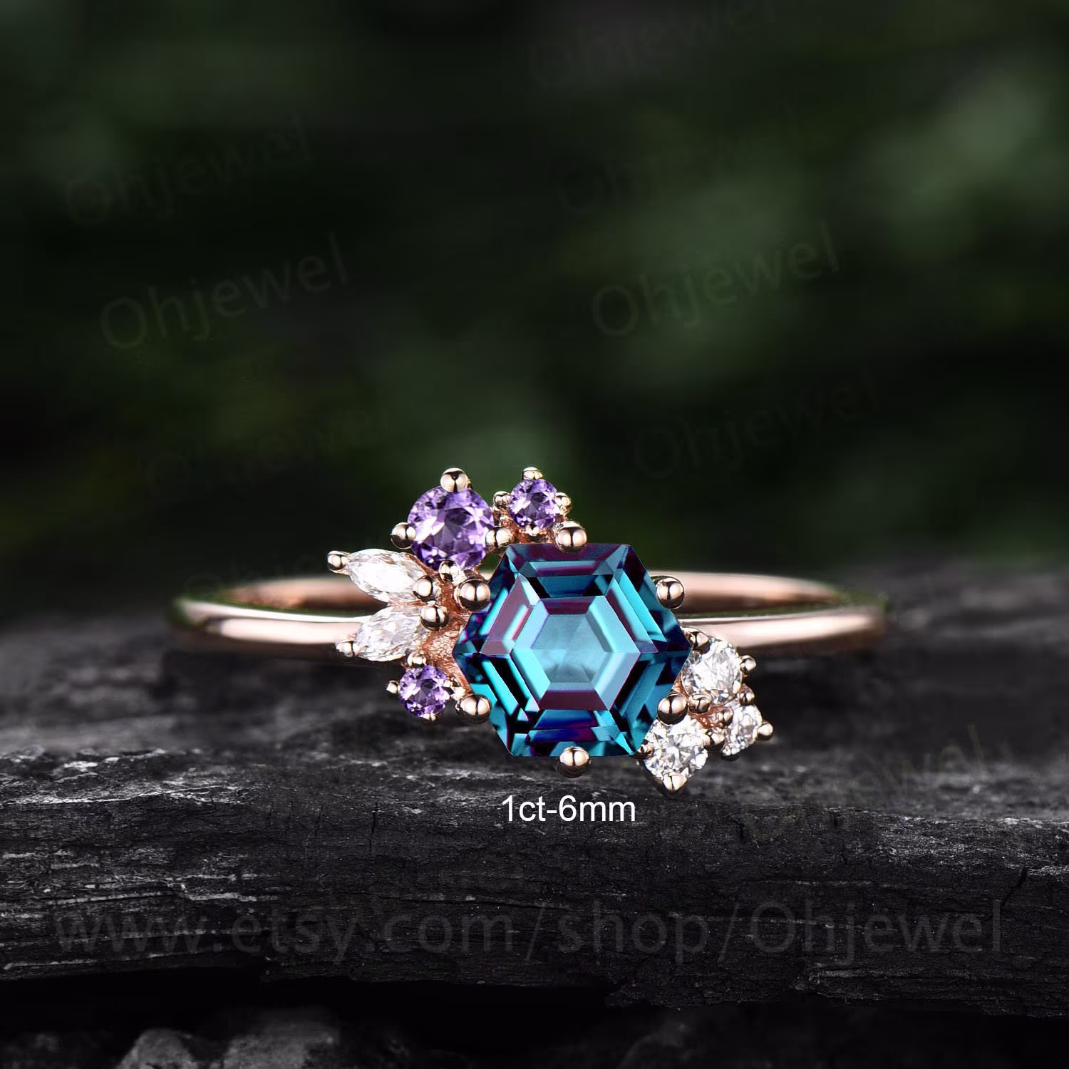 1Ct Hexagon Cut Alexandrite Engagement Ring 14K Rose Gold Dainty Cluster Moissanite Amethyst Vintage Unique Wedding For Women Gift