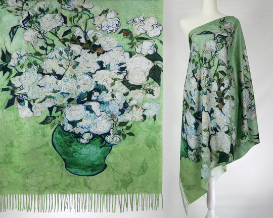 Roses | 1890 By Van Gogh Green Vase Floral Tassel Shawl Artistic Blanket Scarves Gift Pashmina Cashmere-Like Scarf For Women