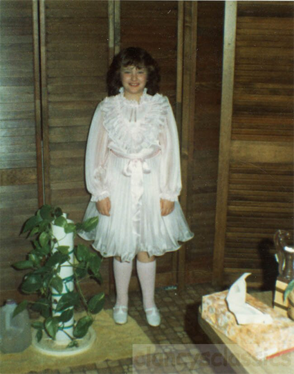 Vintage Photo Color Snapshot Young Girl Wears Frilly Fancy Dress in Boring Room Kleenex Box