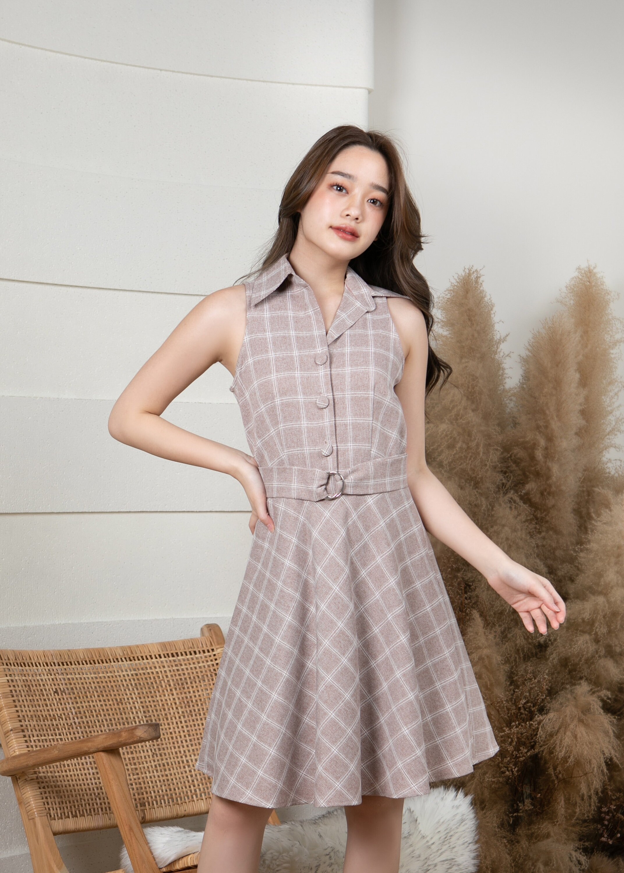 Summer Gingham Dress Light Oak Brown Sundress Check Print Vintage Modern Bridesmaid Fit & Flare Style La La 70's Retro Fashion
