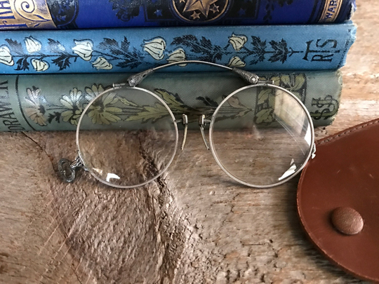 Wire Rim Glasses, Antique Pince Nez Eye Glasses With Leather Case, Ornate Gothic Folding Spectacles, Props