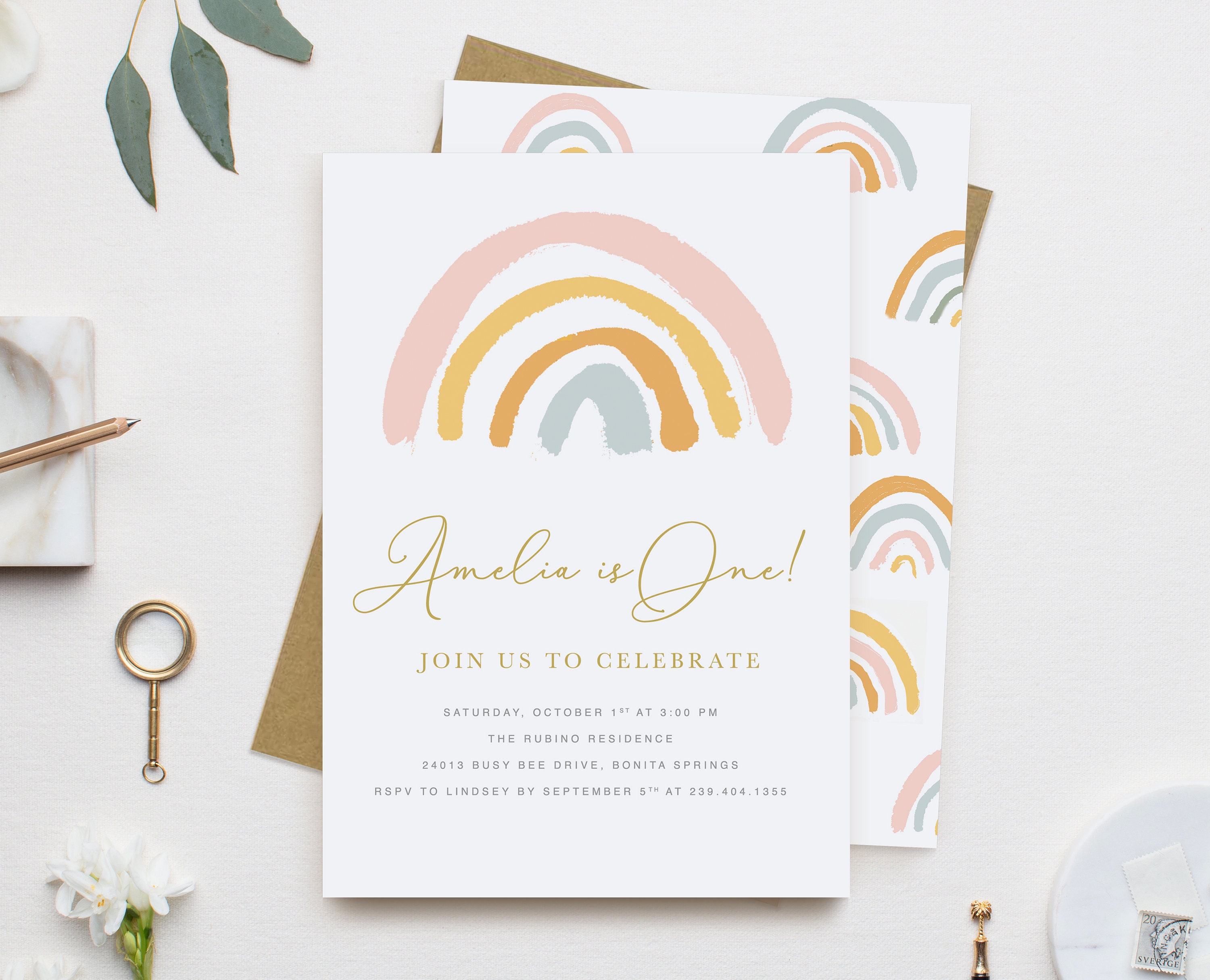 Boho Rainbow First Birthday Invitation Girl, Any Age, Muted Girl 1st Invitation, Earthy Party Invite