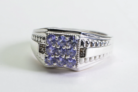 Natural Tanzanite Solid Silver Ring For Man Cluster Multi Stone Heavy Bold Anniversary Ring, Engagement Ring, Square Elegant
