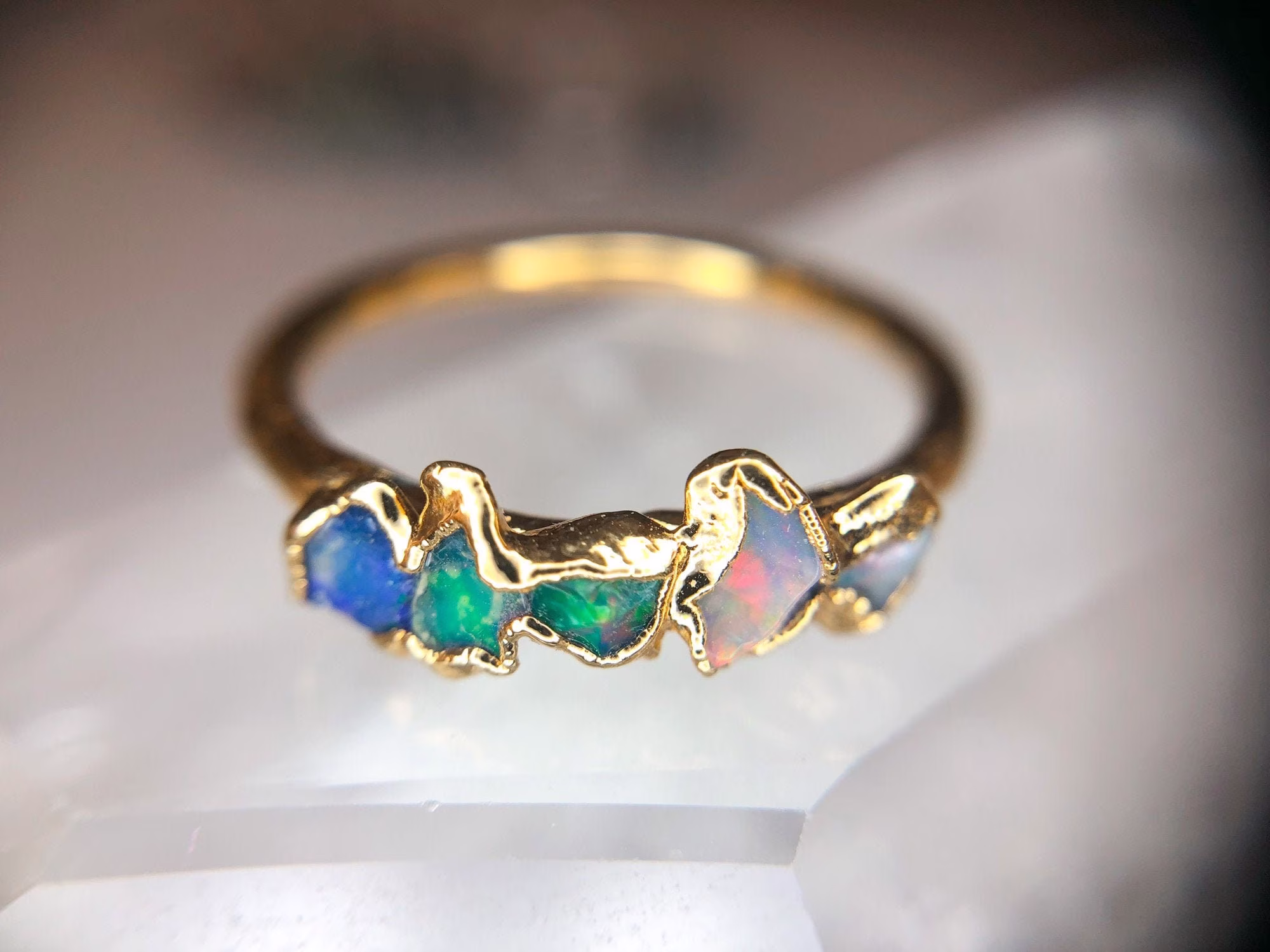 Opal Ring // Multistone October Birthstone Raw Stone Gold Stacking Gemstone Crystal
