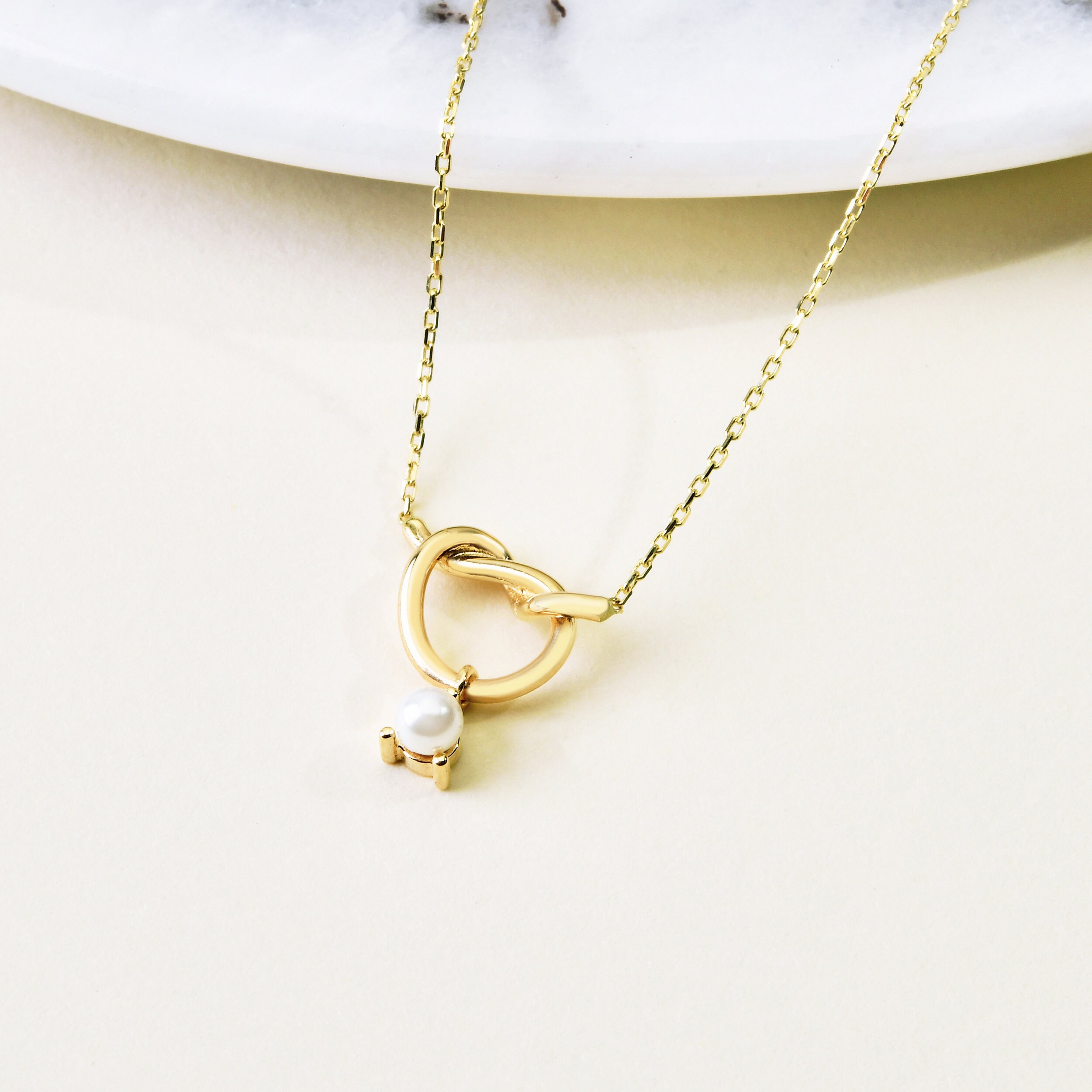 Knot Necklace, 14K Solid Gold Real Pearl June Birthstone Freshwater Pearls, Gift For Her