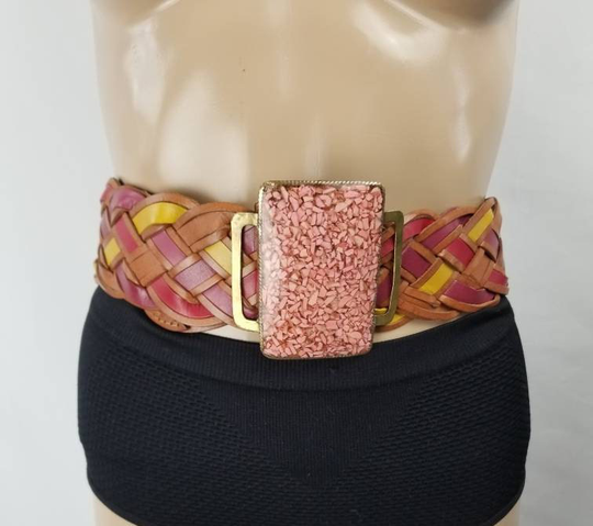 Vintage 80S Motif 56 Leather Belt Colorful Braided Stone Buckle // Women's Size Small
