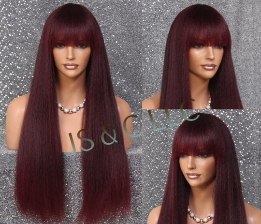 Human Hair Blend Body Crimped Textured Long Blunt Bangs & Length Burgundy Mixed Heat Safe Wig Cancer/Alopecia/Cosplay