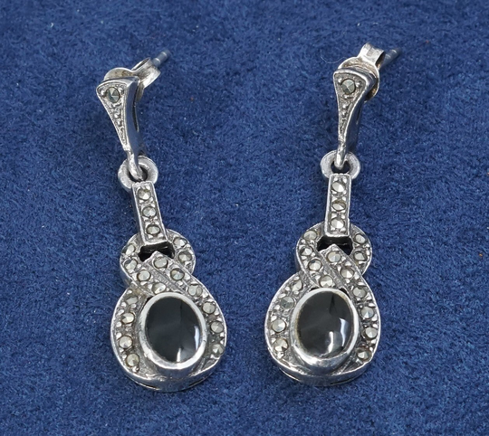Vintage | 500324 Sterling Silver Handmade Earrings, Solid 925 With Oval Shaped Obsidian Inlay & Marcasite Details, Stamped
