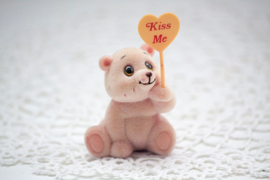 Small Fuzzy Teddy Bear Figurine With Hug Me Sign, Russ Flocked