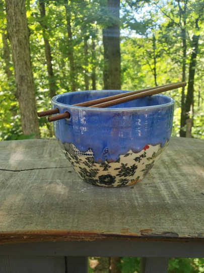 Handmade Noodle Bowl W Chopsticks, Patterned, Drippy Glaze, Rice Stir Fry Bowl, Appx 2+ Cups, Free Shipping
