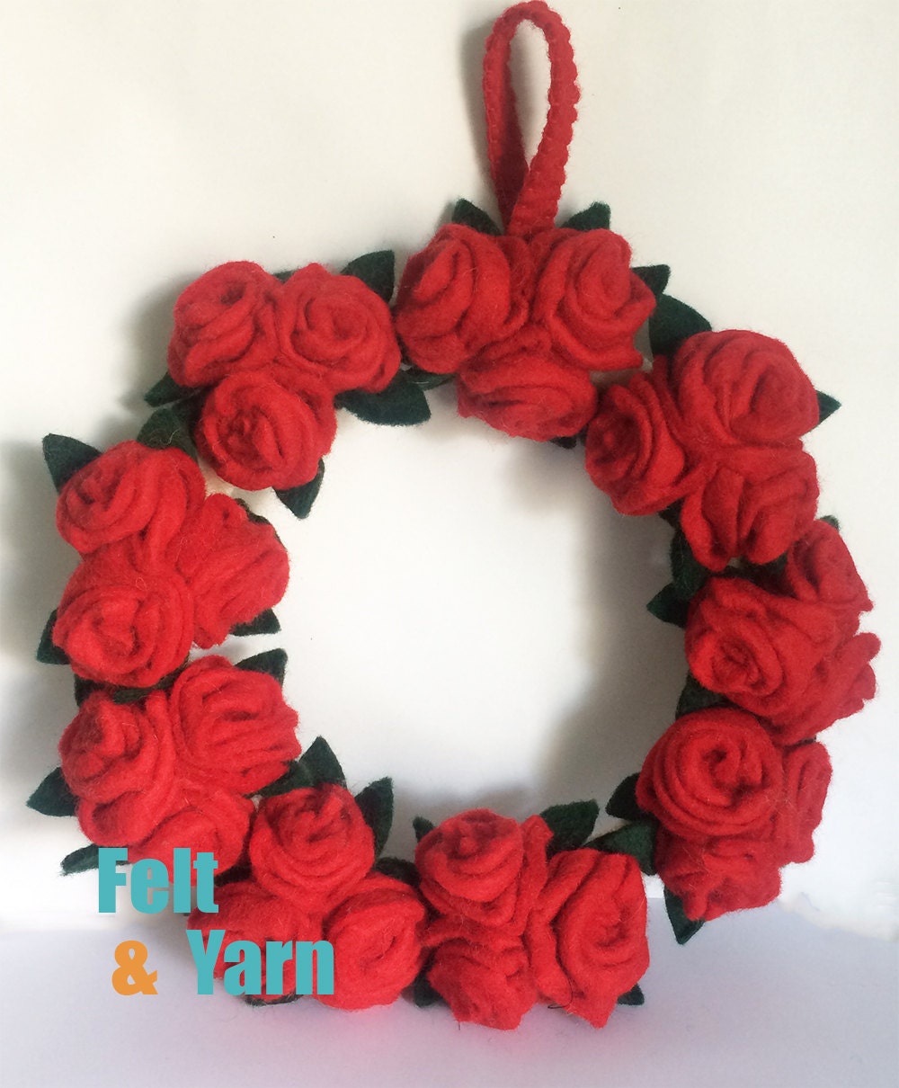 35cm Wool Felt Floral Wreath | Red For Door Valentine Fair Trade 100% & Handmade Free Shipping