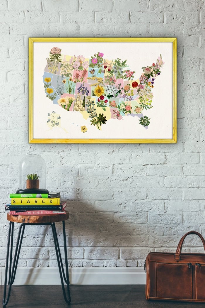 Spring Decor State Flowers -United States - Botanical Wall Art Us Map Flower Geography Chart -Tvh241Wa3