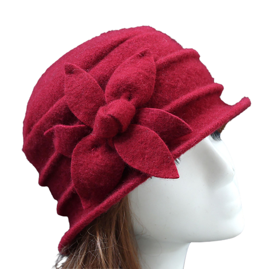 Flower Decor Felt Hat Solid Color Wool Blend Thick Warm Women Winter Hat Fashion Accessories - date red, one size