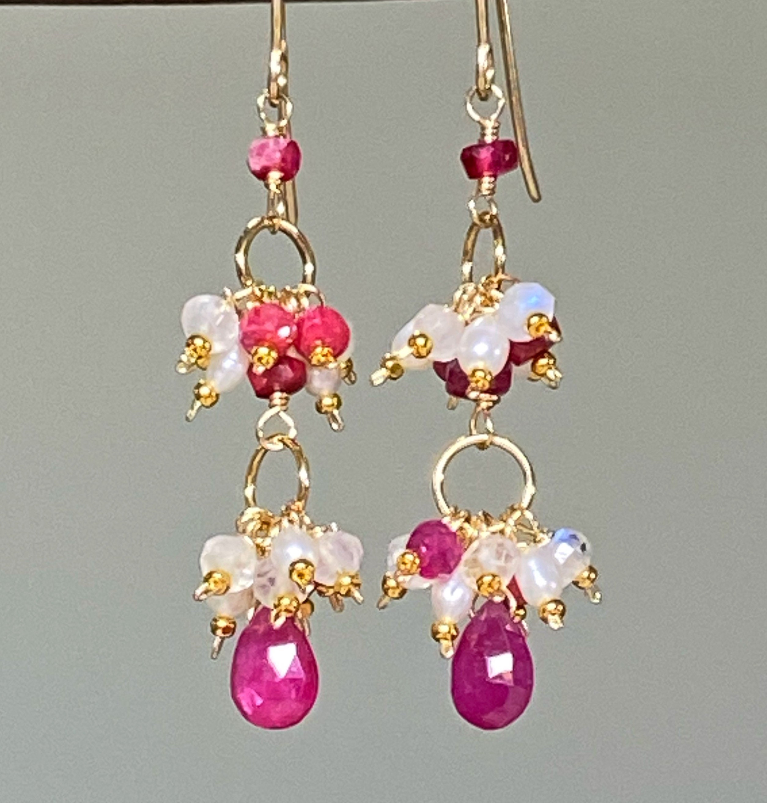 Ruby Dangle Earrings Long Cluster Red Gemstone Moonstone Pearl Gold Fill Lever Back July Birthstone Gift For Her