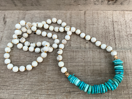 Long Beaded White Howlite Turquoise & Tibetan Gold Necklace | Two Colored Gifts For Her