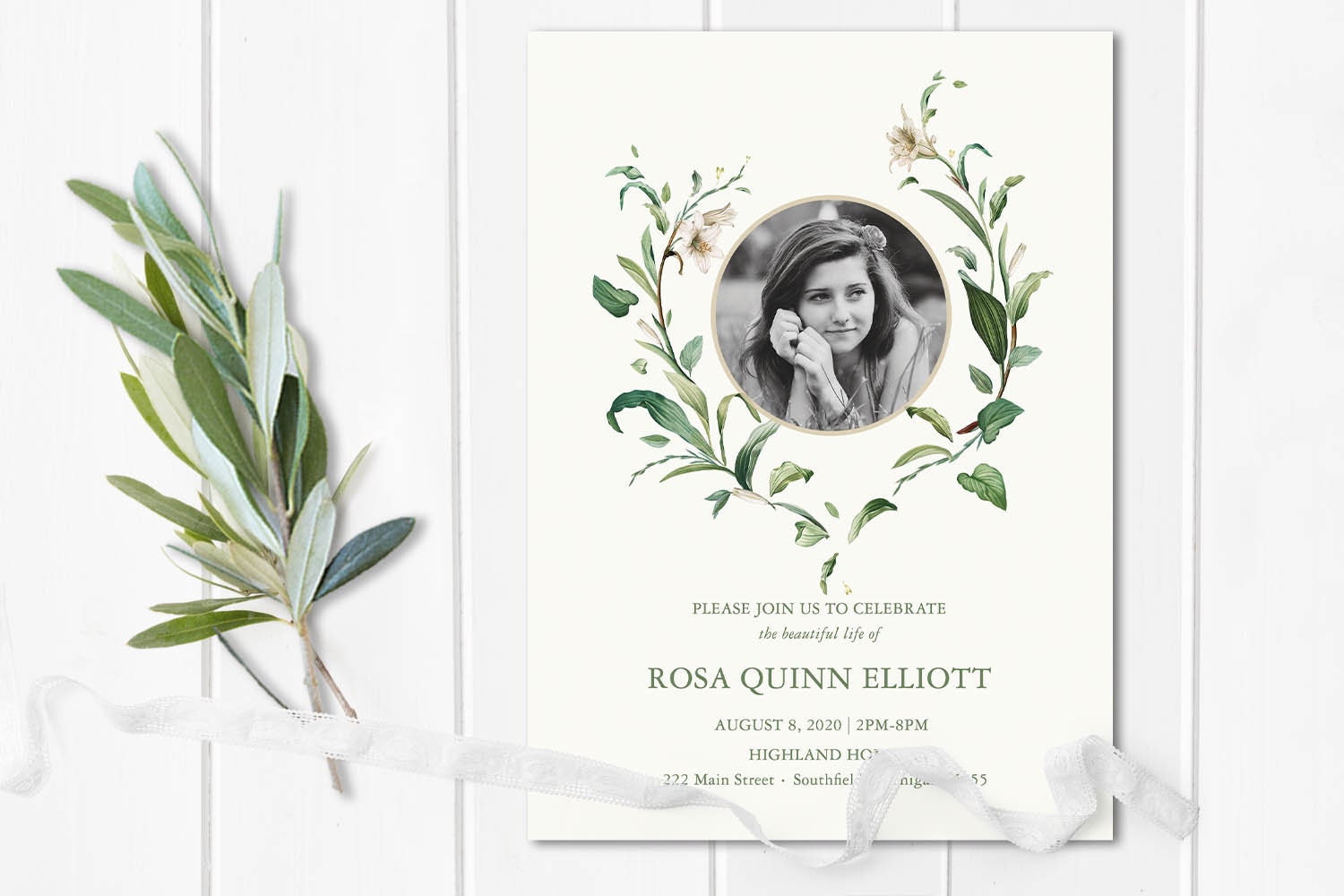 Celebration Of Life Invitation Template, Funeral Announcement, Memorial Service Invitations Greenery Photo Keepsake Card Printed Or Digital