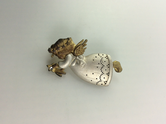 Vintage Pin Brooch Silver Gold Toned Angel With Clear Rhinestones Needs Cleaned Used