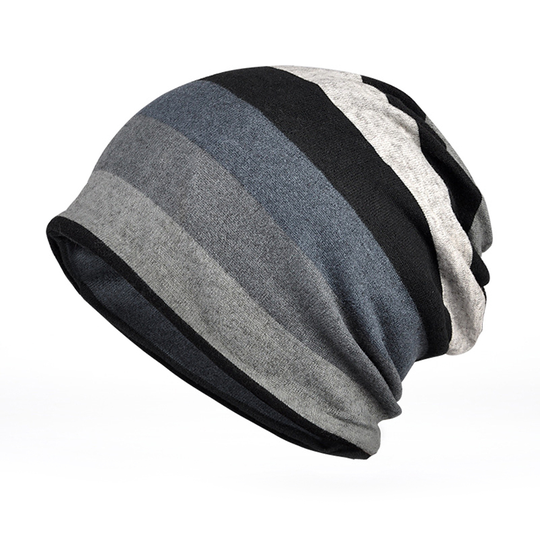 Women Winter Fashion Stripe Pattern Hat Beanie Cotton Blend Cap Scarf Nice - grey