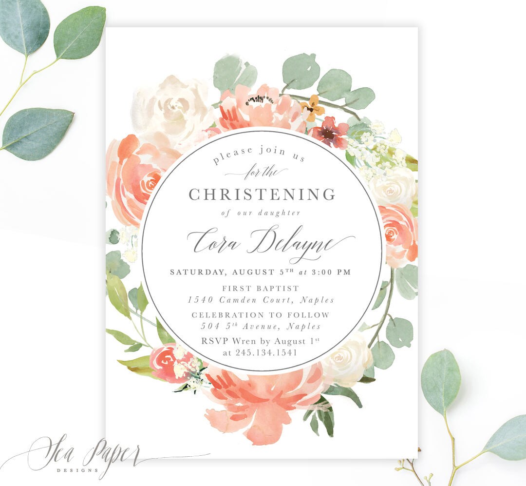 Christening Invitation Girl Floral Invite, Blush Pink, Peach, White Flowers & Greenery, Scripture, Printed Printable, Cora