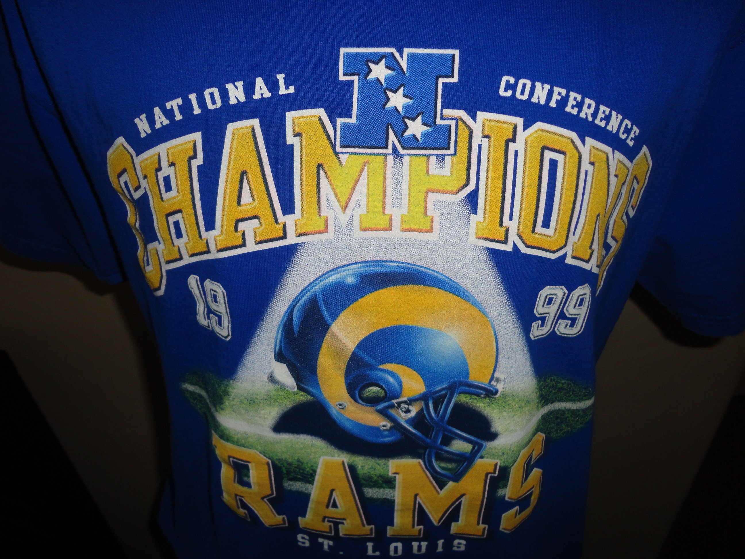 Vtg 1999 St. Louis Rams Blue National Conference Champs Helmet Logo Nfl Tshirt L