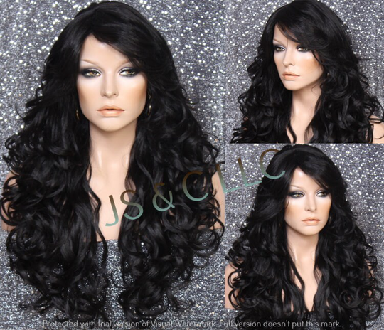 Black Human Hair Blend Wig Layered & Curly Full Bangs Heat Ok Cancer Alopecia Theater Cosplay Anime Emo Celebrity Pageant