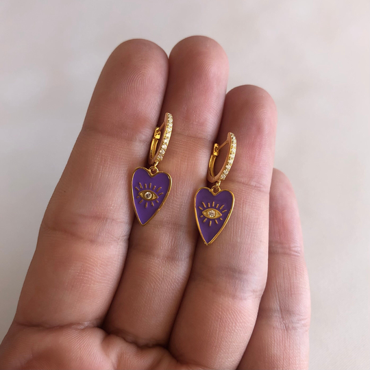 Planchette Evil Eye Earrings, 14Kt Gold Vermeil, .925 Sterling Silver, Mal De Ojo, Turkish Eye, Small Hoops With Charms, Ear Huggies