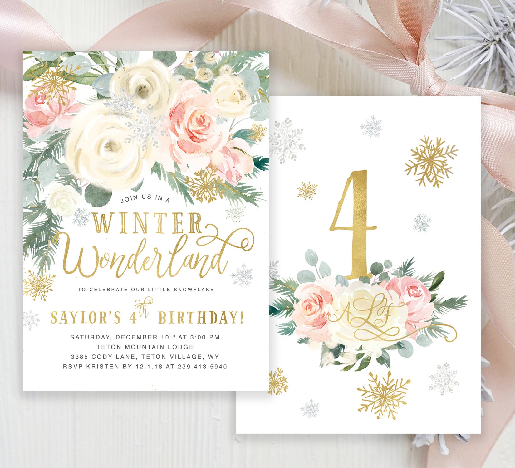 Winter Wonderland Birthday Invitation Girl, Pink Party Invite, Floral Party, Any Age, Holiday 46