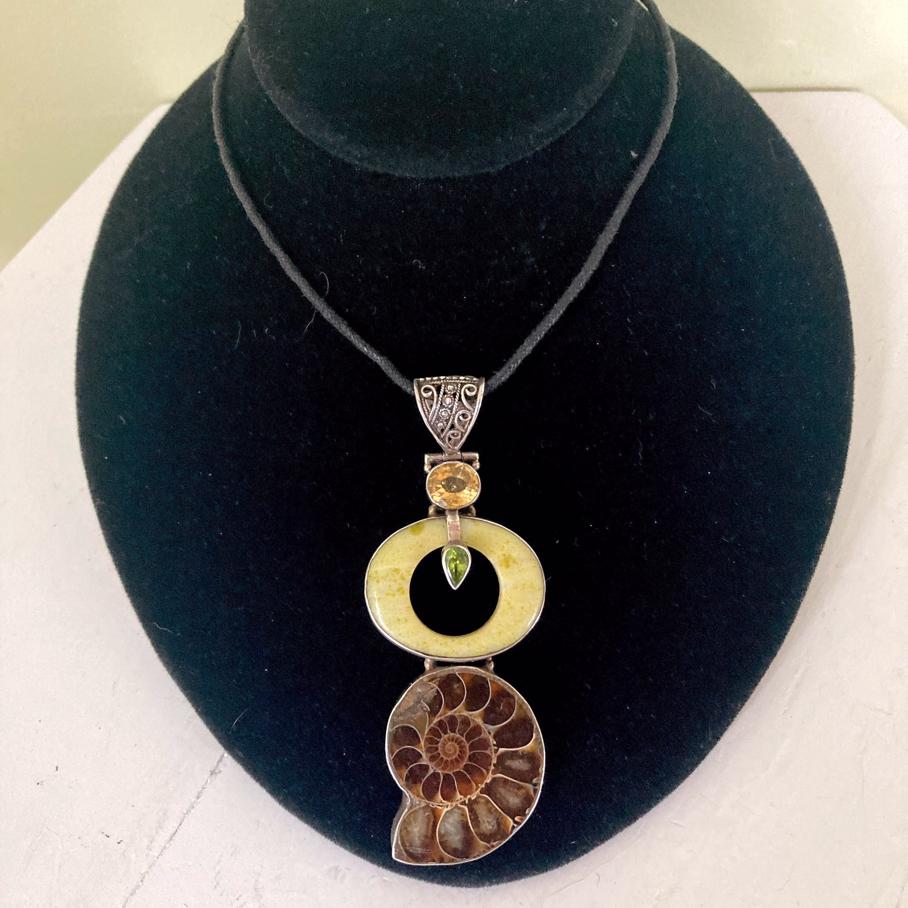 Large Ethnic Pendant Ammonite Nautilus Shell Stone Peridot Citrine Yellow Agate Sterling Silver Boho