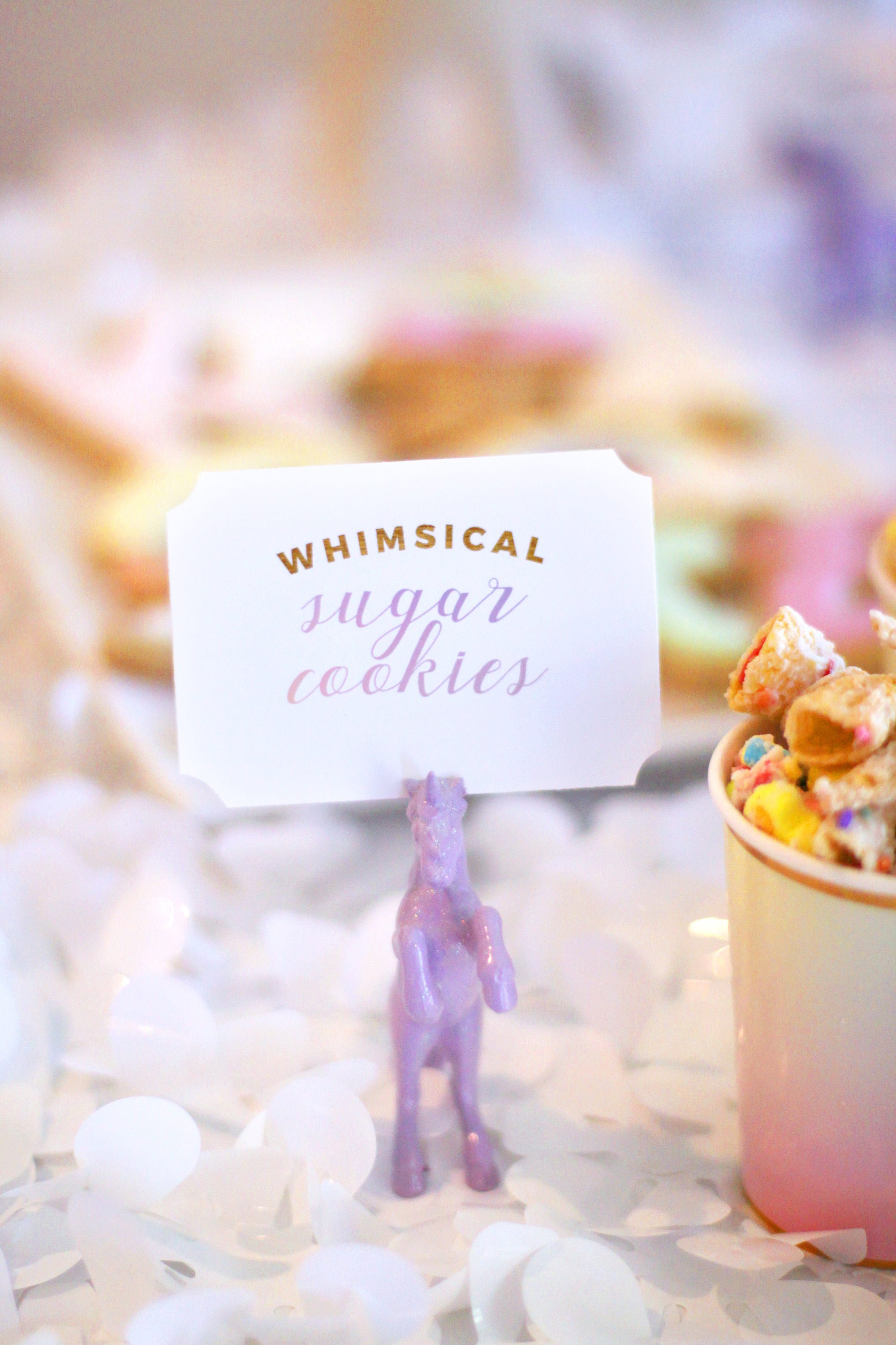 Printable Unicorn Party Food Labels - Pastel Rainbow Gold Lettering Simple Buffet Magical Girl Birthday Shower Customizable
