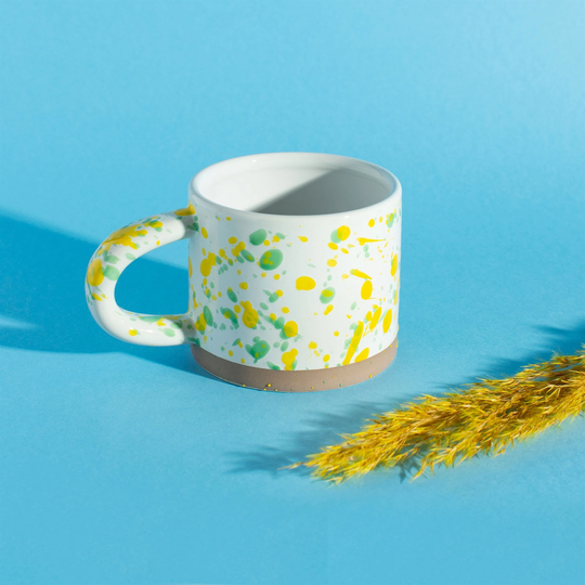 Yellow & Green Splatter Pattern On White Mug With Handle Cup Made From Stoneware Birthday Gift For Tea Coffee Lover His Hers