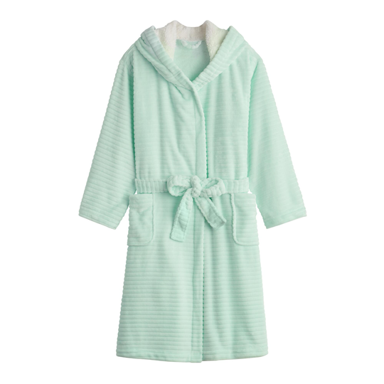Pastel Ribbed Fleece Robe With Hood: Blue - Polyester by World Market