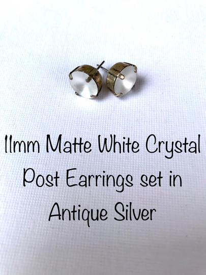 Matte White Crystal Stud Earrings Drop Antique Silver Swarovski Crystals Post