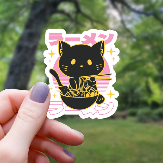 Pink Ramen Cat Sticker | Water Bottle Laptop Vinyl Waterproof