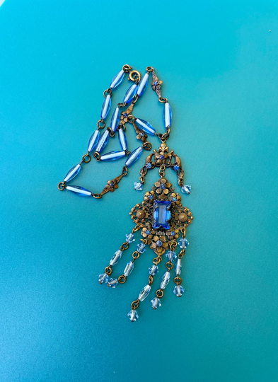 1920's Era Vintage Czechoslovakian Blue Glass & Brass Necklace