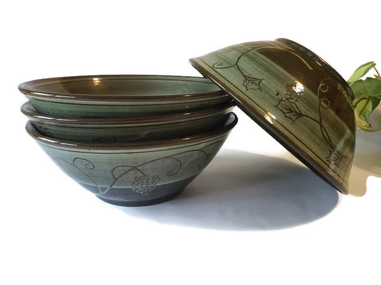 Wheel-Thrown, Large Green Ceramic Bowls With Grapevine & Natural Brush Swirl, 40 Fl Oz. Salad, Poke, Udon, Bibimbab, Noodle Serving Bowls