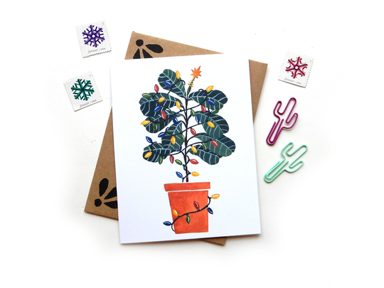 Fiddle Leaf Fig Charlie Brown Christmas Tree | Holiday Watercolor Vintage Lights Illustrated Card Wholesale