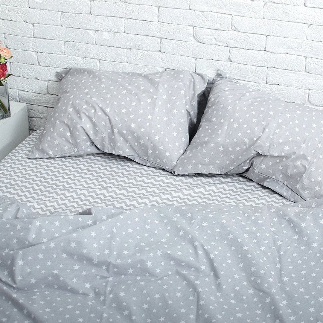 Natural Cotton Duvet Cover in Gray & Stars. Twin, Full, Queen, King, Single, Kingsingle, Double, Custom Size