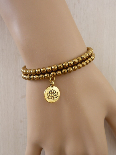 Gold Hematite Bracelet For Women Gift Lotus Her, Charme Bead Brecelet Everyday