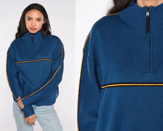 Blue Obermeyer Sweater Quarter Zip 90S Ski Knit 1990S Pullover Jumper Vintage Striped Wool Blend Large Xl L