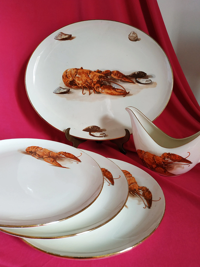 Lobster Bowls Plate Set seafood Serving Plates Antique Porcelain Orange boch