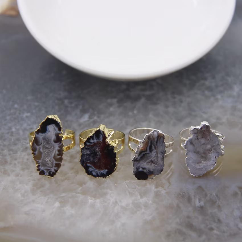 Natural Lace Agate Geode Adjustable Ring, Healing Crystal Quartz Gold/Silver Plated Copper Rings, Druzy Drusy Fashion Ring Jewelry Diy