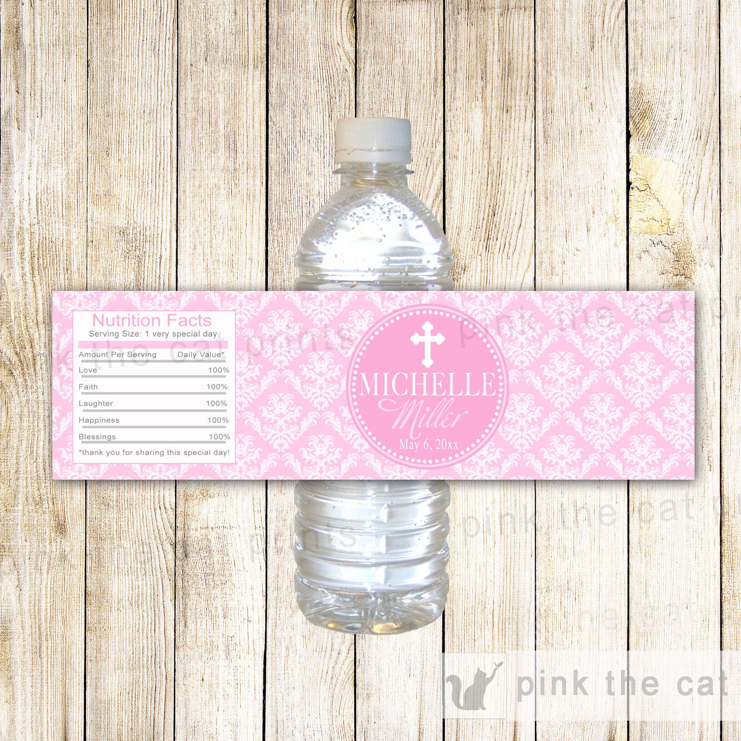 Girl Baptism Bottle Labels First Communion Label Pink Christening Wrapper Dedication Printable File Personalized