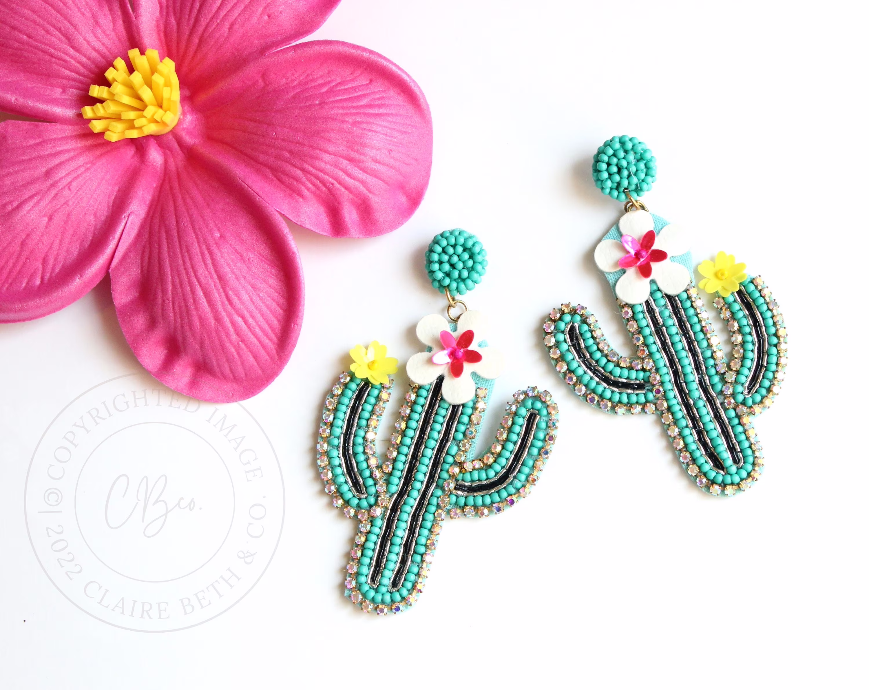 Flowery Cactus Beaded Earrings, Southwest Gift, Fun Mom Friend Floral Earrings