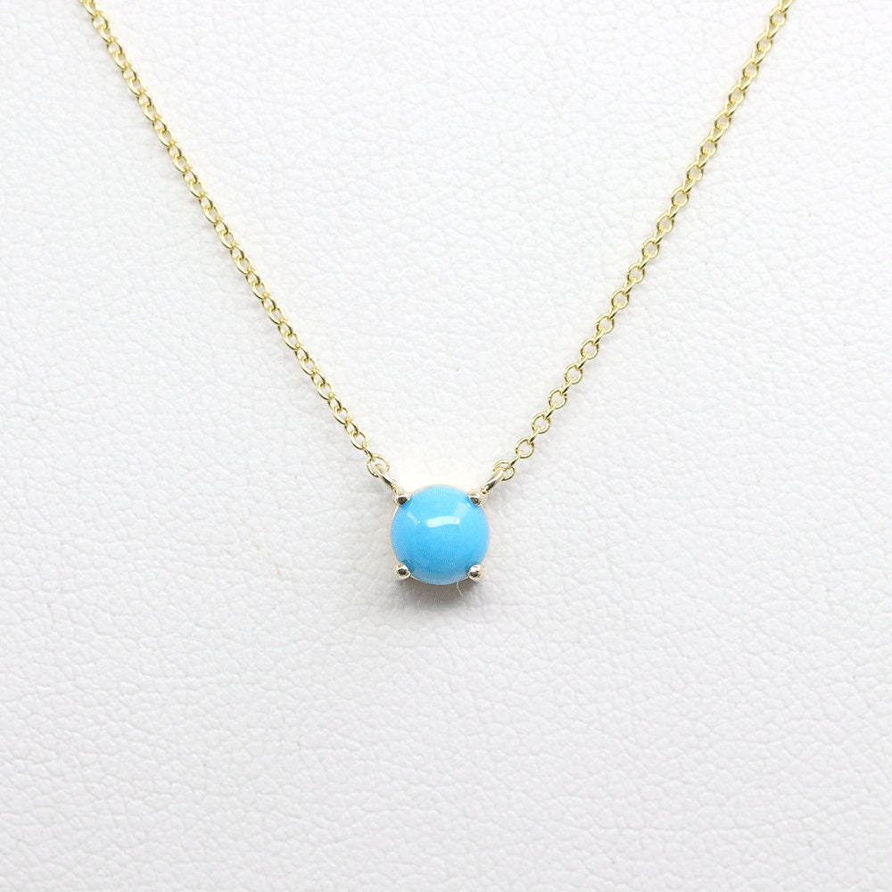 Turquoise Solitaire Necklace, Dainty Pendant 14K Solid Gold Necklace in Rose Gold, White & Yellow